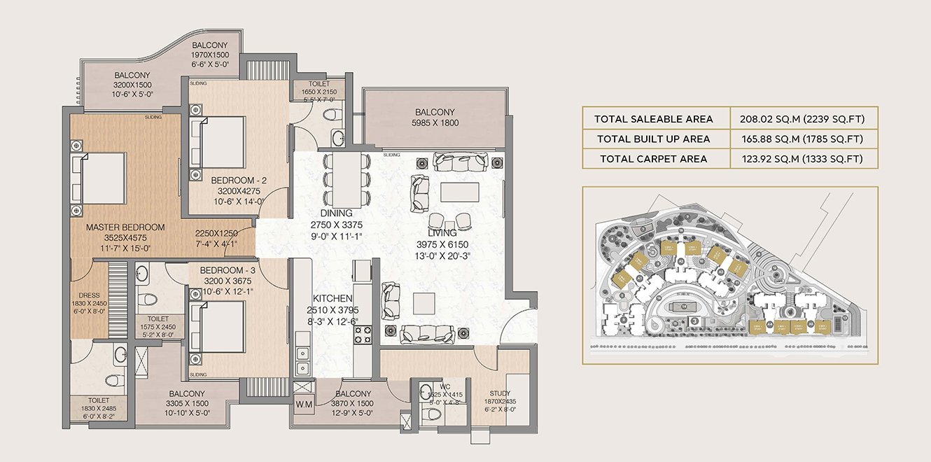 3 BHK + Study Floor Plan
