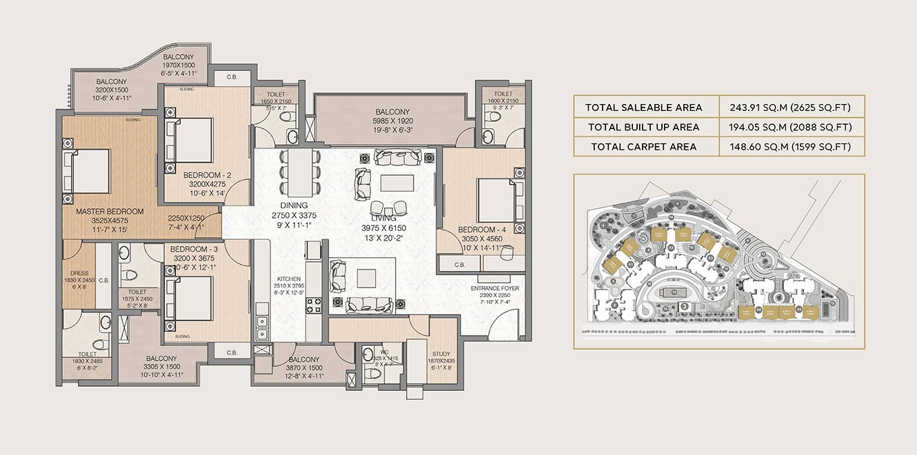 4 BHK + Study Floor Plan